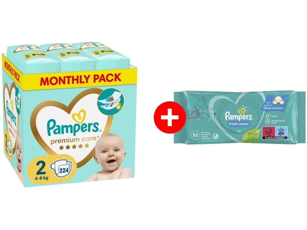 Pampers Premium Care Pelene mesečno pakovanje S2 224 + Gratis vlažne maramice Fresh 52