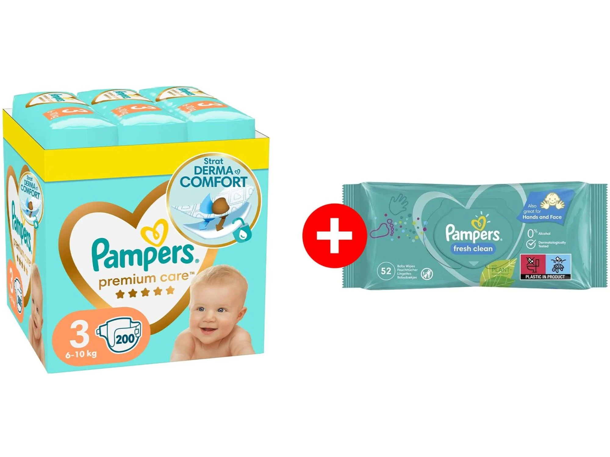 Pampers Premium Care Pelene mesečno pakovanje S3 200 + Gratis vlažne maramice Fresh 52