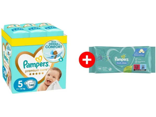 Pampers Premium Care Pelene mesečno pakovanje S5 148 + Gratis vlažne maramice Fresh 52